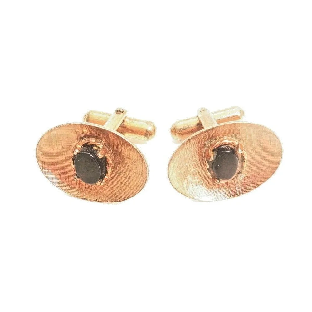 Vintage Copper Toned Oval Black Glass Stone Cufflinks*Men's Jewelry Groom Formal